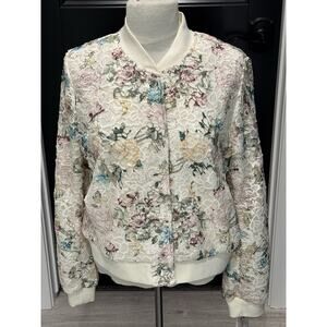 Nanette Lepore Women's L Floral Crochet Lace Bomber Jacket Ivory Multi Snap
